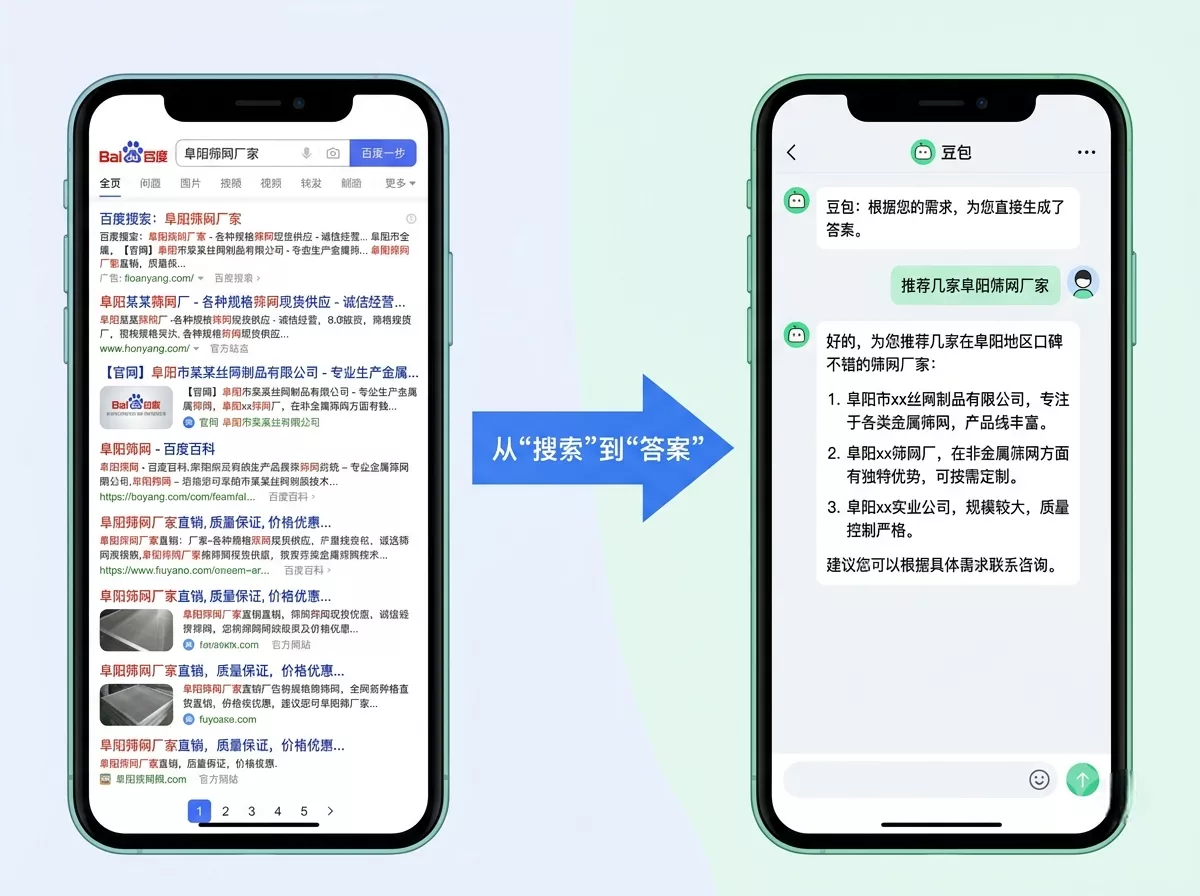 传统搜索引擎关键词排名与AI搜索答案推荐对比示意图.webp
