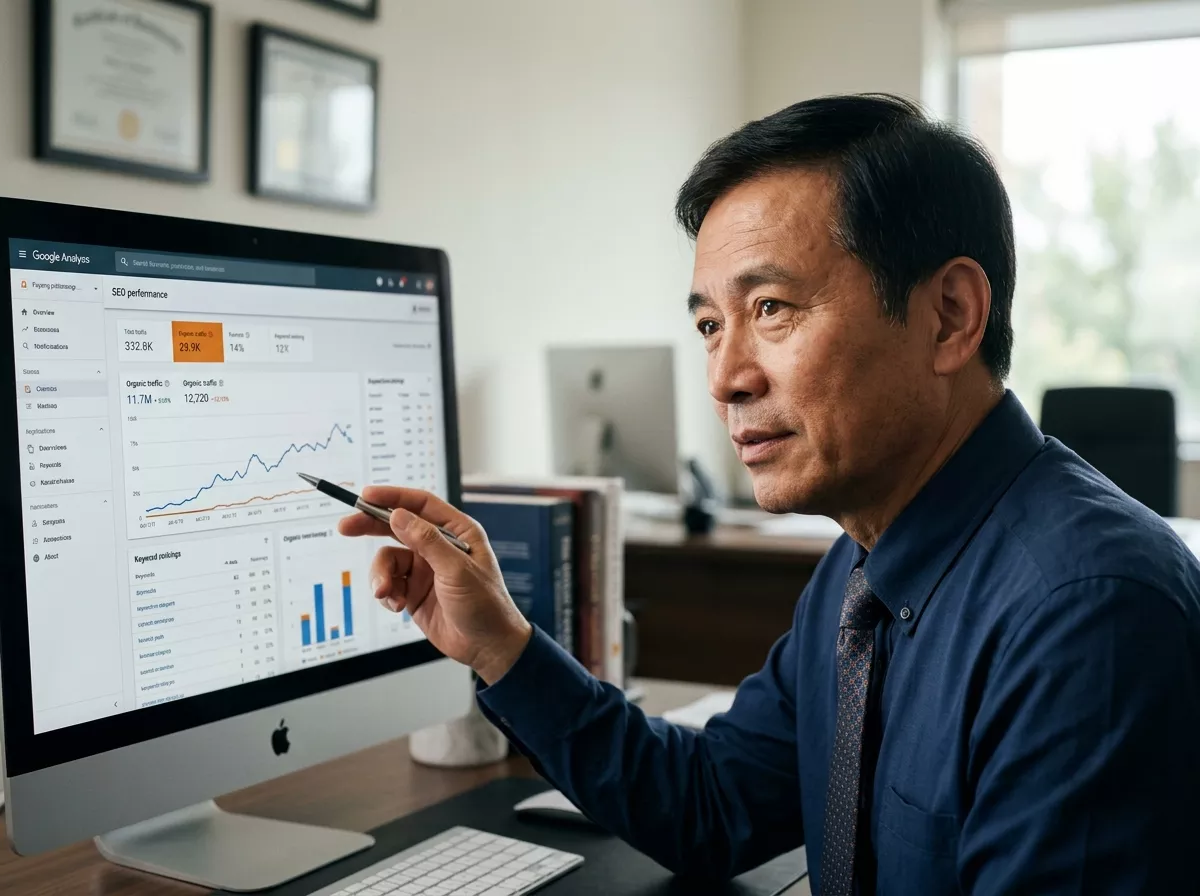 阜阳SEO优化专家孙老师正在分析网站数据.webp